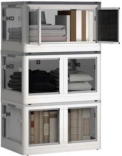 HOMCOM Boîtes de rangement pliables et empilables 69L en plastique, caisses rangement 3 cubes avec couvercle et 4 roulettes, accès à 5 côtés, pour jouets et livres, blanc