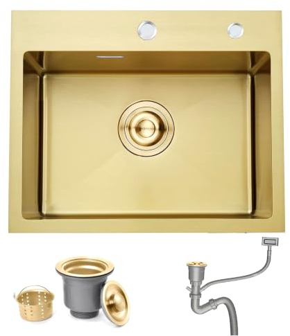 Evier Cuisine 1 Bac 55x45 cm, Bokaiya Petit Evier de Cuisine sous Plan/sur Plan avec 2 Trous de Robinet, Ensemble de Vidange et de Trop-Plein, y Compris Siphon, Installation Flexible, Or Brossé