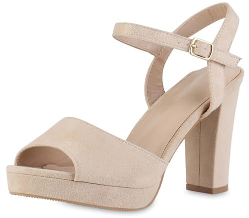 VAN HILL Damen Riemchensandaletten Blockabsatz Plateau Vorne Trendy Schuhe 216841 Beige Plateau 38