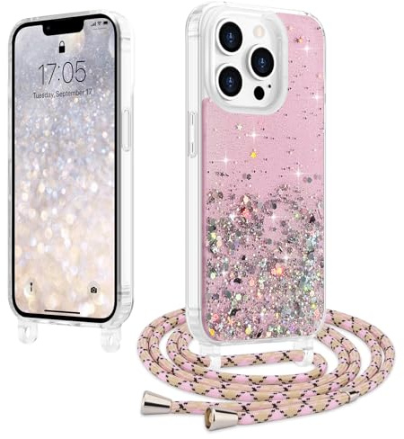 LCHULLE Handykette Kompatibel mit iPhone 13 Pro Hülle mit Band Glitzer Handyhülle mit Kordel Transparent Schutzhülle mit Einstellbar Kette Silikon Case für iPhone 13 Pro Hellrosa