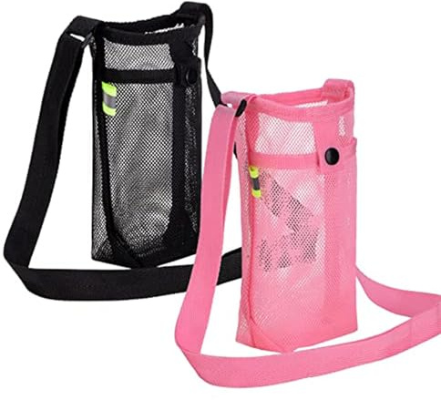 WPNCYK Water Bottle Carrier, 2 Pack Water Bottle Holder with Shoulder Strap, Durable Water Bottle Bag for Hiking, Camping, Walking, Sports, and Gym, Black and Pink, 19.5 * 9 Cm, Fabric Material