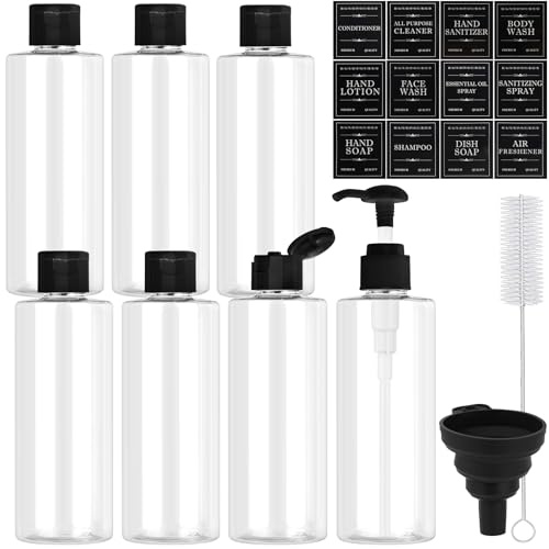 Maxumille 7 Pezzi Vuoto Flaconi da Viaggio 250ml con Tappo Flip Top, Teste di Pompa a Spinta, Imbuti, Contenitori da Viaggio per Liquidi Trasparente, Bottiglie Plastica Riutilizzabile per Shampoo Nero