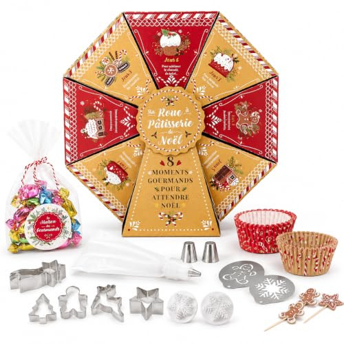 Calendrier de l’Avent Roue Pâtisserie – 28 x 30 x 7 cm – Coffret Cadeau avec Accessoires de Pâtisserie – Douilles & Poches à Douille – Beige