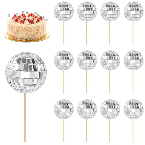 12Pcs Disco Ball Cake Decorations, Silver 70s Retro Cakes Decor Ornament | Mini Disco Balls Cake Toppers Stylish Disco Balls for Cake Decorating, For Cakes Cupcakes Pies Ice Creams and Desserts Etc