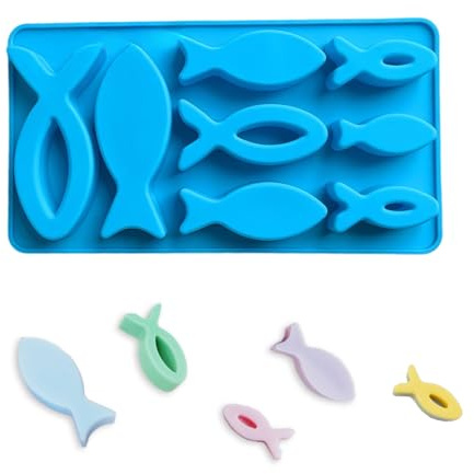 GSRIGW Molde de silicona para confirmación de peces, 8 rejillas, molde de silicona para comunión, para velas, jabón, tartas, chocolate, comunión, decoración (azul)