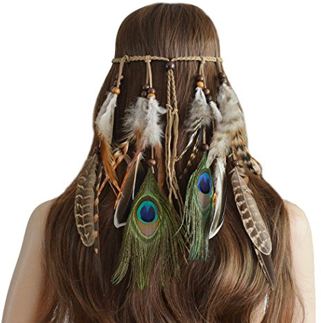 Ymwave Damen Stirnbänder Hippie Boho Haarband Haarschmuck Indisch Kopfschmuck Feder Quasten Gürtel Seil Weben mit Holzperle für Frauen Festival Karneval, 2#, One Size
