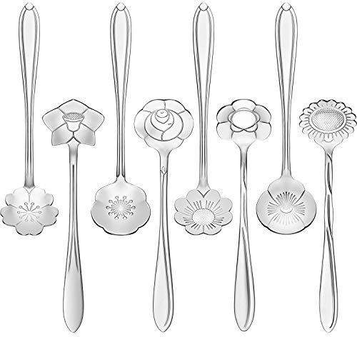 Chengu 8 Pieces Flower Coffee Tea Spoons Stainless Steel Sugar Spoons Tea Party Flower Fancy Tableware Set Stir Bar Creative Stirring Teaspoon, 8 Different Patterns(Silver)