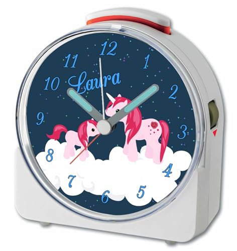 CreaDesign, WU-71-1006, Einhorn, analog Kinderwecker weiß, Funkwecker mit Sweep-Uhrwerk und fluoreszierenden Zeiger und Licht, personlisiert mit Namen, 10,2 x 4,6 x 11 cm