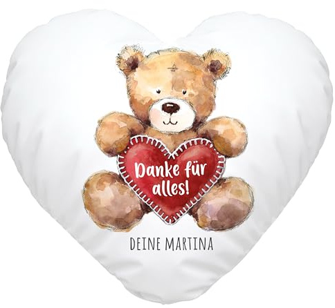 SpecialMe® Herz-Kissen Geschenk Teddy Motiv optional personalisierbar Danke Sagen Trost Spenden Mut Machen Weiss-Herz Herz-Kissen