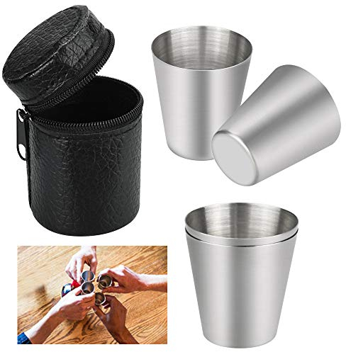 PERFETSELL Juego de 4 vasos de acero inoxidable de 30 ml, de metal de grado alimenticio, para camping, vasos de chupito portátiles con bolsa de cuero negro para senderismo, picnic, camping, viajes
