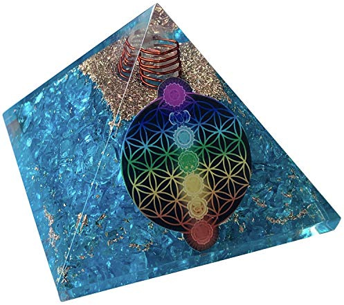 CHONIT Orgonite Pyramide de Chakra Mix Multicolore avec symbole Fleur de Vie Protection Petit Cristal de Roche Décoration pour la Maison (Mélange Chakra (Turquoise)