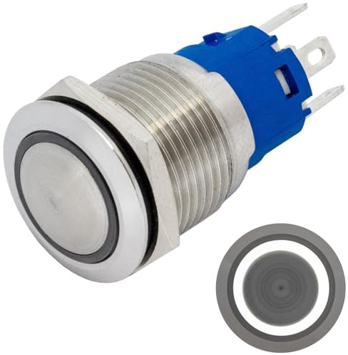 Lumonic Edelstahl Druckschalter gewölbt 19mm Durchmesser I Mit einer Ring LED in Kalt-Weiß Maße: 2,8x0,5mm Pin s 250V 3A I Vandalismussicher nach dem IP65 Standard