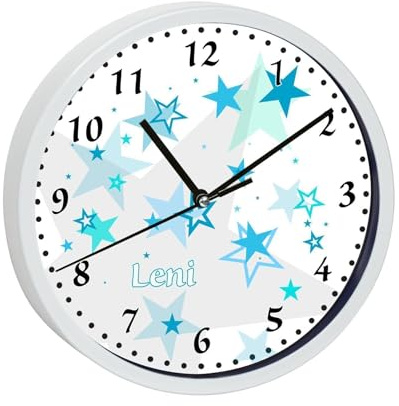 CreaDesign, Wanduhr Kinder personalisiert mit Name, Motiv Sterne türkis, Rahmen Wanduhr weiß, Ø 19,5 cm