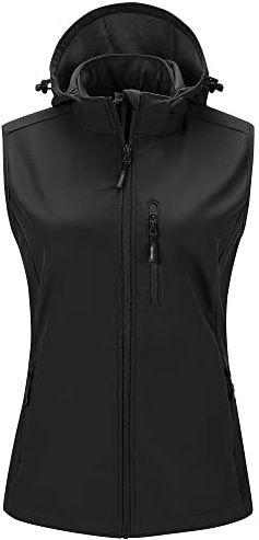 Outdoor Ventures Dam softshell västar med huva lätt fleecefodrad ärmlös jacka vattentät vindtät väst väst med dragkedja up-fickor, svart, 38