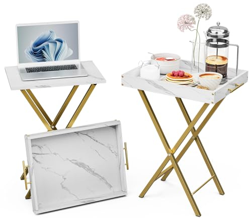 TV Tabletts Set, Klapptisch mit abnehmbarem Serviertablett, keine Montage erforderlich, TV Tablett Tische Einfache Aufbewahrung zum Essen auf der Couch, Schlafzimmer, Weißer Marmor