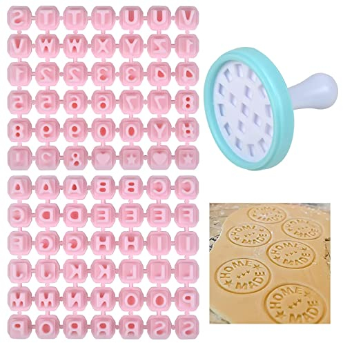Yasmous Cookie Press Stamps - Alphabet, Number & Symbol Stamper, 84Pcs, For Custom Cookie, Biscuit & Fondant Decoration, Pink