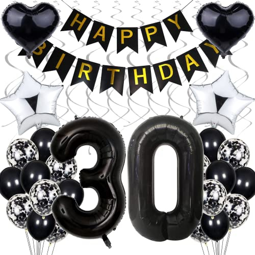 Luftballon Dekoration für 30. Geburtstag - Schwarz & Silber, Black and White Party Deko für Frauen & Männer