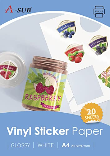A-SUB Vit glansigt premium vattentätt utskrivbart vinyldekalpapper, självhäftande vinyletiketter för bläckstråleskrivare, A4-storlek, 20 ark