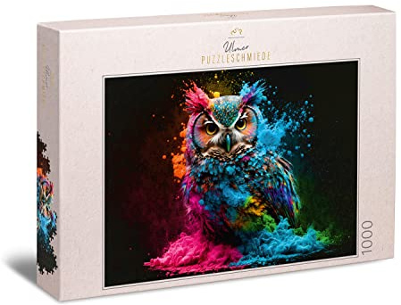 Ulmer Puzzleschmiede - Puzzle „Bunter Nachtvogel“ 1000 Teile - Eulen-Portrait mit knalliger Farb-Explosion - Motiv Eule aus der Kollektion Farben & Fantasy, Made in Germany