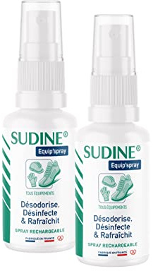 SORIFA - Lot de 2 - Sudine Equip’spray - Désodorise, désinfecte, rafraichit - Chaussures, casques, gants, équipements - Spray rechargeable – Sans gaz - Fabriqué en France - Spray 50 ml