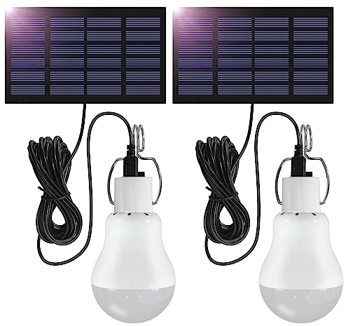 SCNNC 3W Solar Powered LED Shed Light Bulb with Cable 3.45M, USB Work Lights Portable Rechargeable Solar, LED Solar Shed Lights Indoor Outdoor for Camping Tent Fishing Garden Yard Hiking, Pack of 2