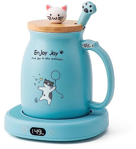 Bsigo Coffee Mug Warmer & Cute Cat Mug Set, Candle Mug Warmer for Home & Office, Electric Smart Coffee Warmer for Desk, Beverage Tea Coffee Cup Warmer with 3-Temp Settings, 8H Auto Shut Off, Blue