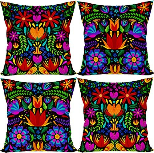 FARMNALL Mexikanische Fiesta-Kissenbezüge, 40,6 x 40,6 cm, 4 Stück, Libelle, Blume, Dahlien, Tag der Toten, Dia de Los Muertos Cinco de Mayo Dekorationen