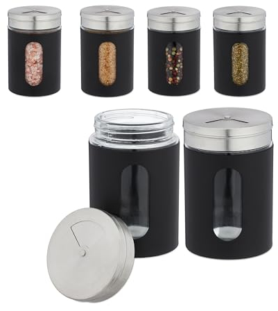 Relaxdays Barattoli Portaspezie, Set da 6 Vasetti, Coperchio con 3 Aperture Spargi Sale, Vetro, Acciaio, 290 ml, Nero, Inox