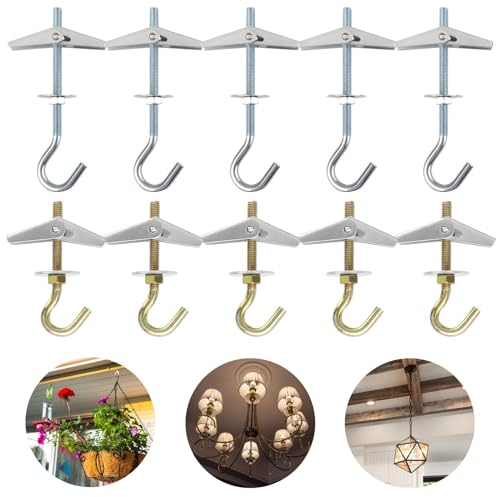 Tasselli a Molla con Gancio, 10 Pz Tasselli ad Ancora M5/M6x 90mm Acciaio al Carbonio Tasselli Basculanti Ganci da Soffitto Singolo Carico 10-15Kg per Piante Sospese Cartongesso Montaggio a Parete