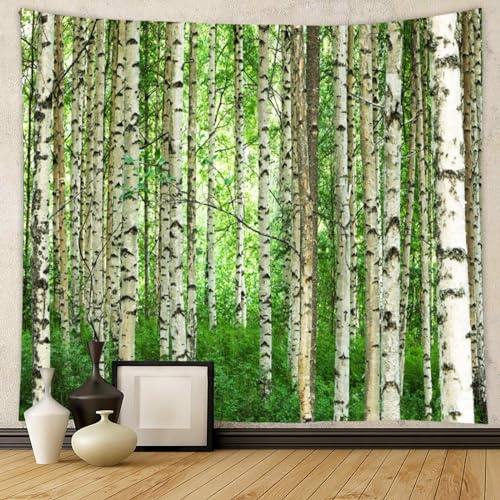 Aotiwe Wandbehang Natur Grün, XXL Wandteppich Birke Holz Motiv 300x260cm | Großer Stoff-Wandvorhang mit realistischer Wald-Optik: Pflegeleichte Tapisserie zur Dekoration von Flur & Wohnbereichen.
