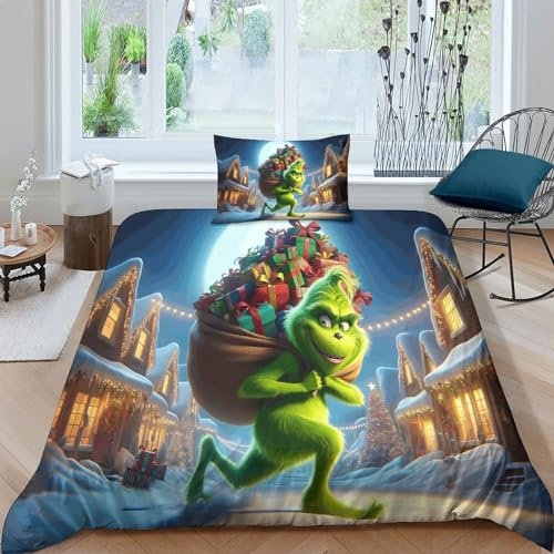 SAYOBO Der Grinch Bettbezug Set Mädchen Junge Kinder Bettwäschegarnitur 3D Gedruckter Weihnachten Weich Microfaser Bettwäsche Und Kissenbezüge Reissverschluss 2 Teilig Single（135x200cm）