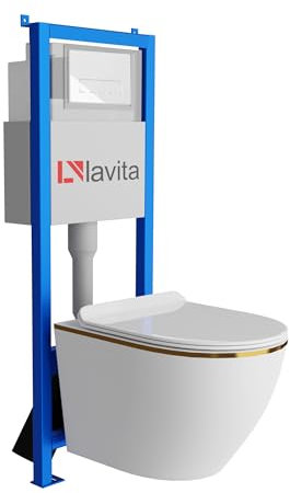 Lavita LAV 101 Sofi Slim Gold Line Élément mural pour WC 40 cm + évier mural suspendu sans bord + panneau de commande LAV 200.3.1 Blanc | Kit complet | Réservoir de chasse encastré | WC complet