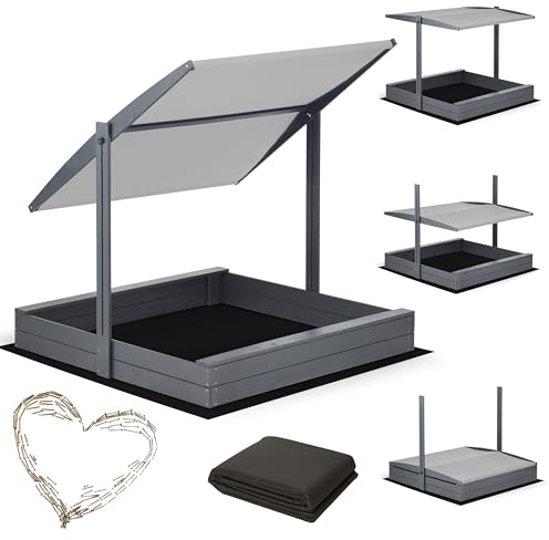 Sandkasten mit Dach 120x120 140x140 150x150 Imprägniert Modell 2025 mit Sonnenschutz mit UV 100+ Schutz Sandbox mit Sandkastenvlies Holz, Sandkiste Sandbox Anthrazit (120x120 Dach Grau)