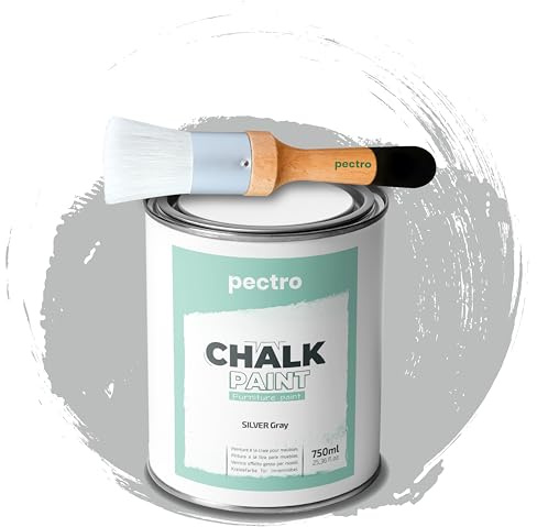 Pack Pintura a la tiza para muebles, 750 ml + pincel especial para pintura Chalk Paint, barniz para muebles, efecto tiza natural, color para madera (gris plata)