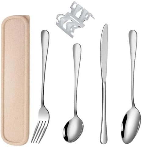 4 Pièces Couverts de Camping Ensemble Couteau, Fourchette, Cuillère en Acier Inoxydable, Léger & Portable avec Étui, Idéal pour Voyage, Randonnée, Pique-Nique (Beige)