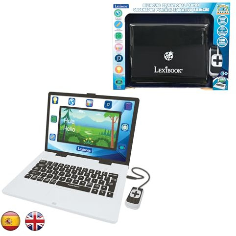 LEXIBOOK, Bilingual and Educational Laptop SPANISH/ENGLISH, Toy for Children, 180 Activities to Learn, Play Games and Music, Large and Coloured Screen, Black/White, JC899i2