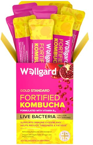 Wellgard Kombucha Drink Sticks with Apple Cider Vinegar & Pomegranate, Easy-to-Use Vegan Kombucha Sachets, Daily Fermented Tea Drink, 20 Servings