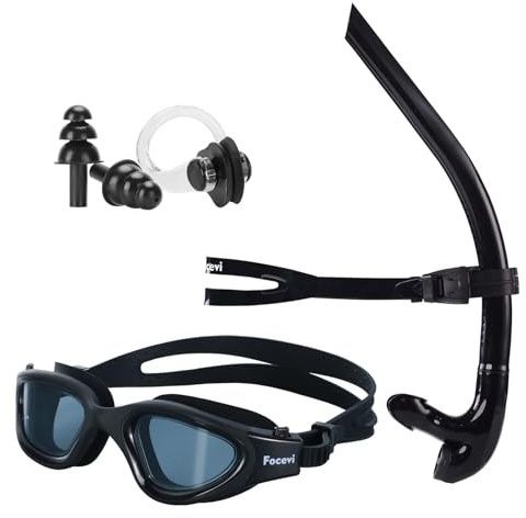 Swim Snorkel for Lap Swimming Set,Includes Snorkel, Goggles, Nose Clips and earplugs, Front Swimming Snorkeling Training for Adult/Youth,Swimmer Snorkle Center Mount Snorkle Tube