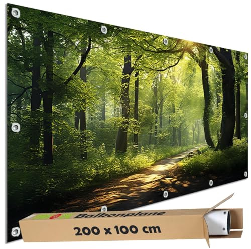 TRIOSK Sichtschutz Balkon Deko Plane Balkonblende Blickdicht mit Motiv Waldpfad Wald Sonnenweg für Garten Terrasse Gartenzaun Balkonverkleidung Blickschutz PVC groß 200x100 cm