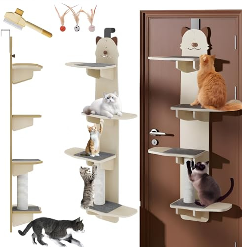 RIDEONMOP Tür hängende Katze Regal, über die Tür Kratzbaum, 4-Ebenen über die Tür Katze Climber mit Katzen Kratzbrett & Plüsch Ball, Katze Regale für Wand große Katzen Set