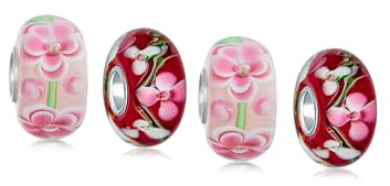Ensemble De Quatre Perles En Verre De Murano Avec Fleurs D'Hibiscus Roses Et Fleurs De Cerisier Rouges Pour Femmes Et Adolescentes, Noyau En Argent Sterling .925, Compatible Avec Bracelet Européen