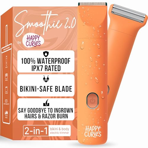 HAPPY CURVES Smoothie 2.0 Bikini Trimmer -Electric Razor for Women, Waterproof Hair Groomer with Adjustable Guards, Personal Shaver for Pubic Hair, Ladies Intimate Shaver and Body Trimmer (Mango)