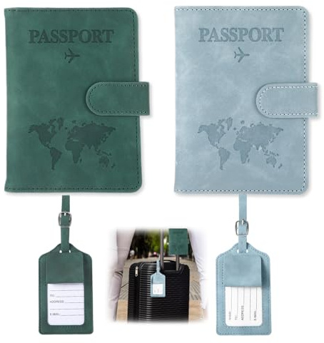 Hauojaus 2 Stück Passport Holder Reisepasshülle mit Kofferanhänger, Pass Hülle 11x15cm/4.33x5.91inch Reiseorganizer Reisepass Hülle mit RFID Blocker Karte, PU-Leder für Urlaub (Blaue und Grüne)