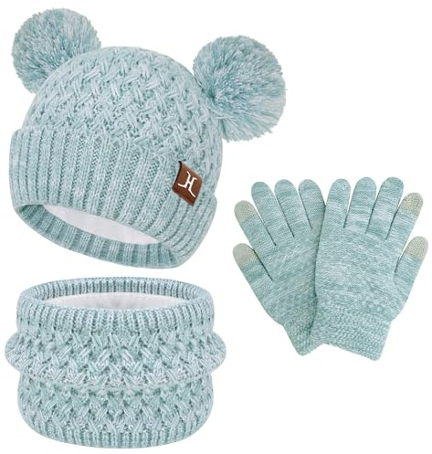 ZASFOU Set de Gorro, Bufanda y Guantes con Pantalla Táctil para Niños, 2 3 4 5 6 7 Años, Gorro de Punto con Pompón, Bufanda y Guante, Regalos para Niñas y Niños, verde claro, Taglia unica