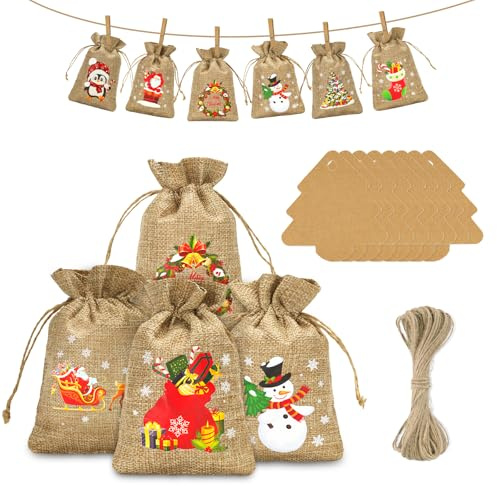 jijAcraft Adventskalender zum Befüllen Jutesäckchen: 13x18CM Groß Weihnachten Jutesäckchen Kinder, 24 Stück Weihnachten Geschenksäckchen mit Tannen-Anhängern und Juteschnur für Weihnachtsdekorationen