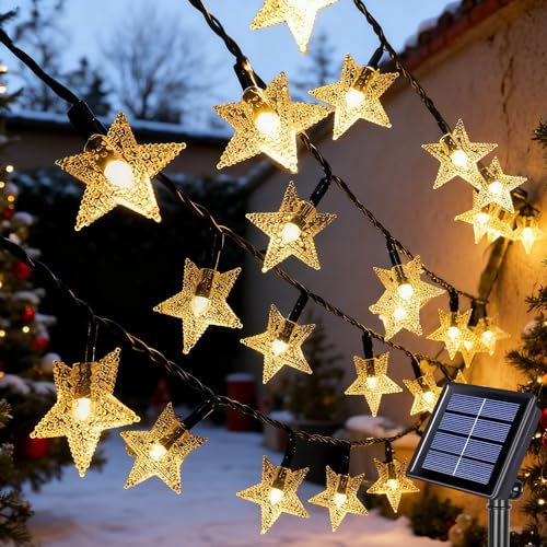 Qoosea Luci a Stringa Solari Stella 7M, 50 LED a Energia Solare Impermeabili, 8 Modalità con Timer Auto Accensione/Spegnimento per Giardino Recinto Natale Matrimonio Festa Decorazione
