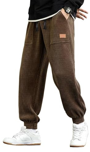 JMIERR Herren Corduroy Jogginghose Baggy Jogger Trainingshose Braun，L