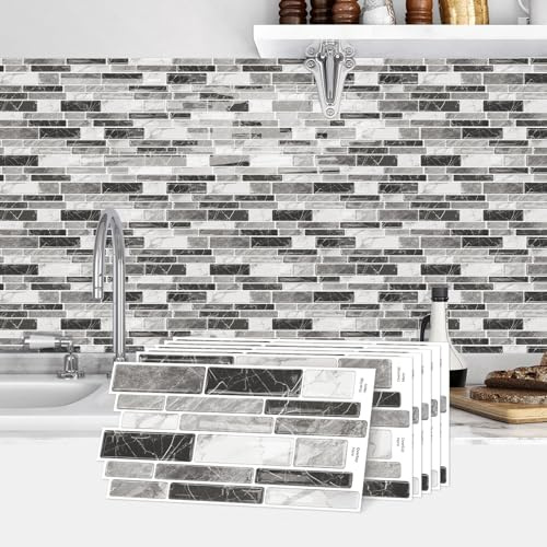indabyo 20 Sheets Mosaic Marble Effect Tile Stickers Peel and Stick on Tile | Kitchen Bathroom Wall Self Adhesive Vinyl Waterproof Backsplash Sticky Tile Covers Decals (Black White Grey)