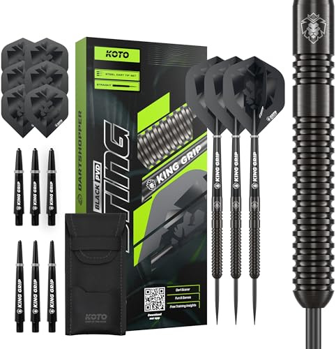KOTO – Sting Black 90% Tungsten Darts, 10G-32G, Schwarz, Mit Extra Flights und Shafts, Steeldarts, Dartpfeile Profi Set | 25 G Steeldart Pfeile, Inkl. 3 Barrels, 6 Dart Flight & 6 Shaft, Mit Dart-Wallet, Präzise Gefrästem Ringgrip