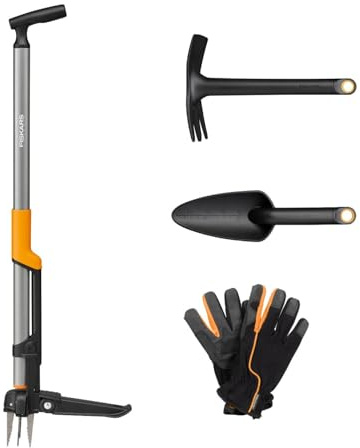 Fiskars Ergonomic Pflanz- und Bodenpflege-Set, 4-teilig, Unkrautstecher | Hacke, Blumenkelle und Arbeitshandschuhe, Für professionelle Beetpflege, Schwarz/Orange, 1082771
